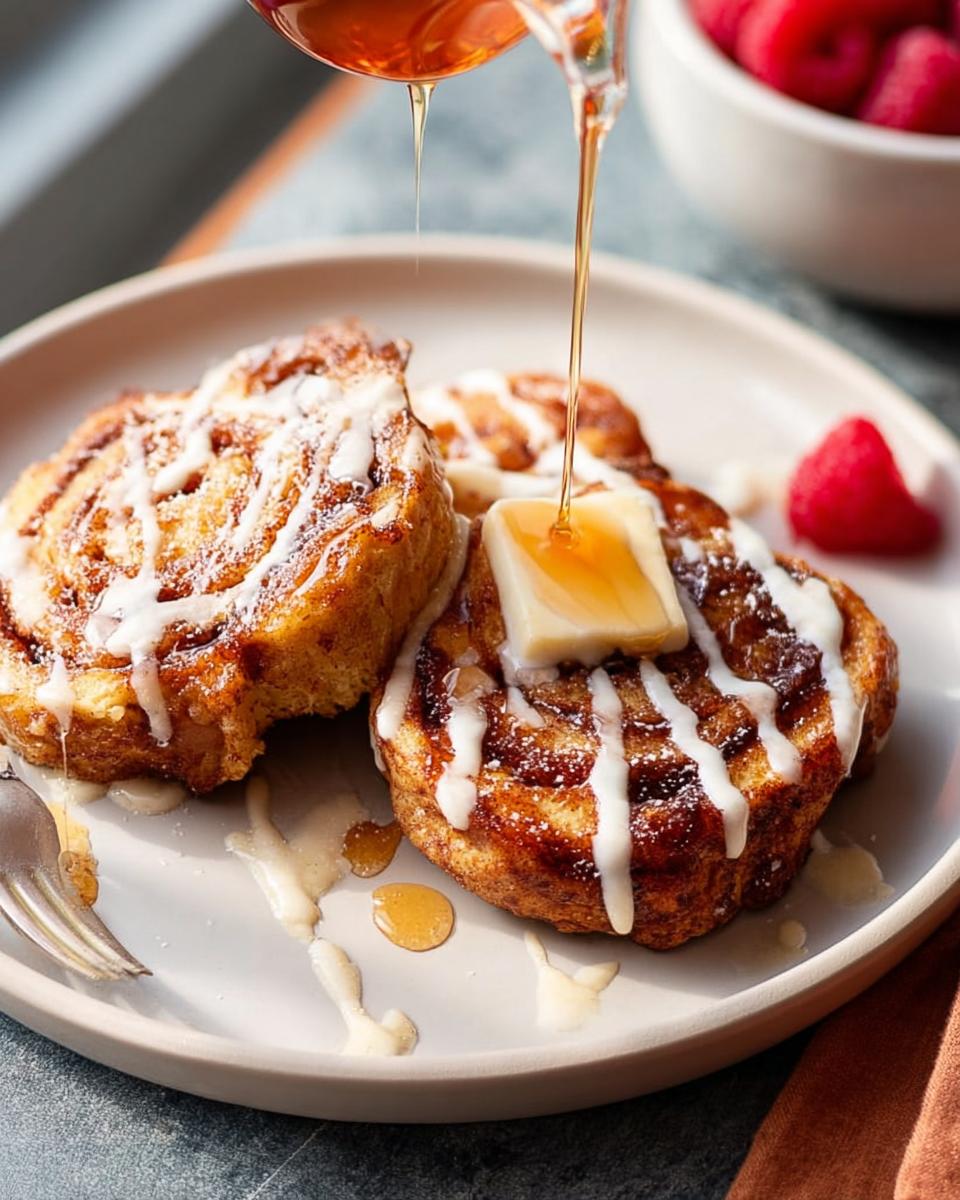 Close-up of cinnamon rolls drizzled with icing and syrup, with butter and a raspberry, part of Restaurant-Style Breakfast Ideas Recipes at Home.