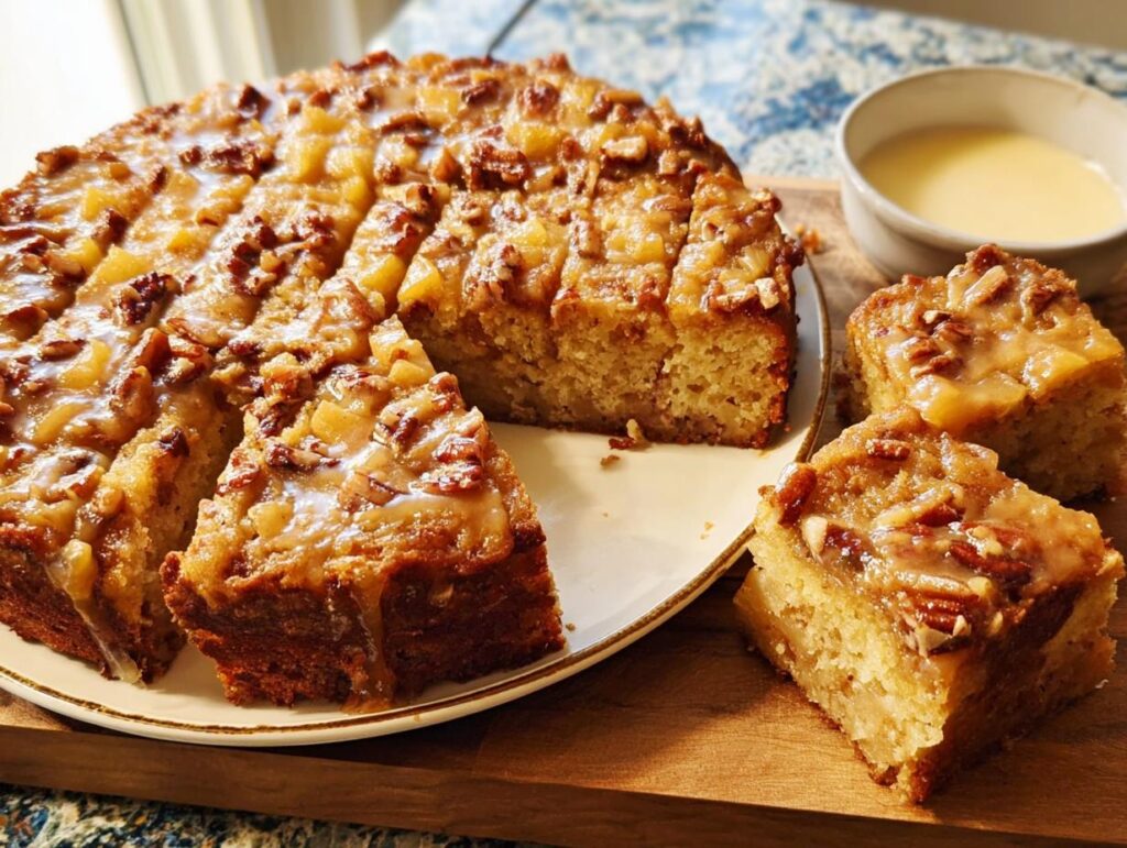A slice of restaurant-style spiced pecan apple cake with a glossy caramel glaze and chopped pecans.