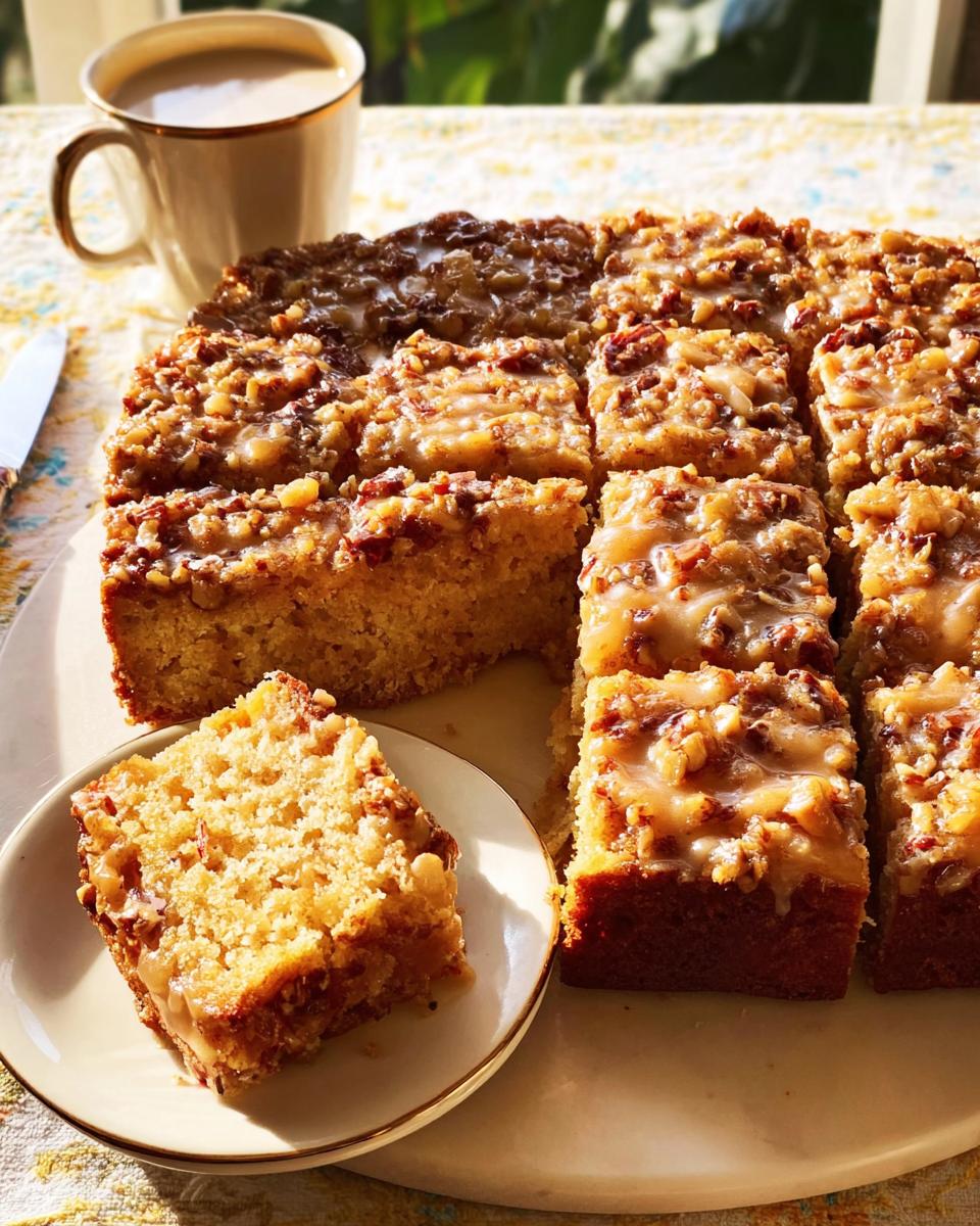 A slice of pecan streusel cake with a caramel glaze, served with coffee. Restaurant-Style Cake Ideas Recipes at Home.