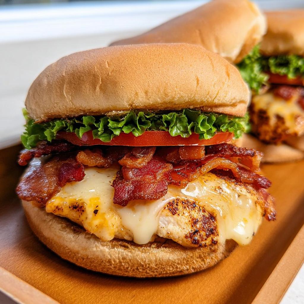 A juicy chicken bacon burger with melted cheese, lettuce, and tomato, part of Restaurant-Style Easy Dinner Recipes at Home (2025).