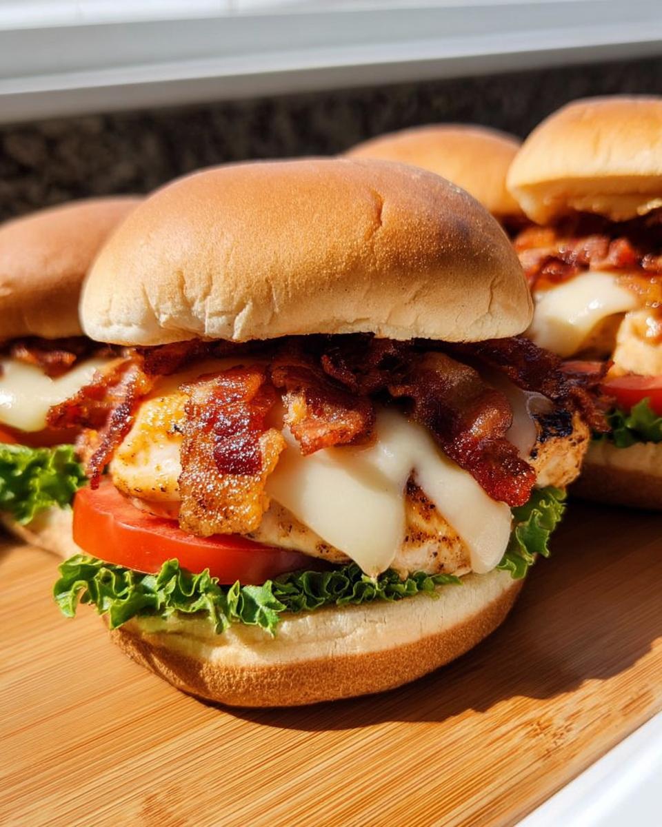 Close-up of a juicy chicken bacon burger with melted cheese, lettuce, and tomato, perfect for restaurant-style easy dinner recipes at home.