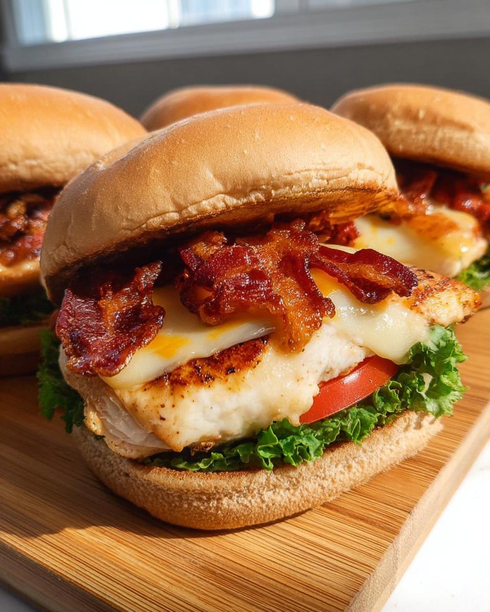 Close-up of a gourmet chicken bacon sandwich, a restaurant-style easy dinner recipe at home, with melted cheese and fresh toppings.