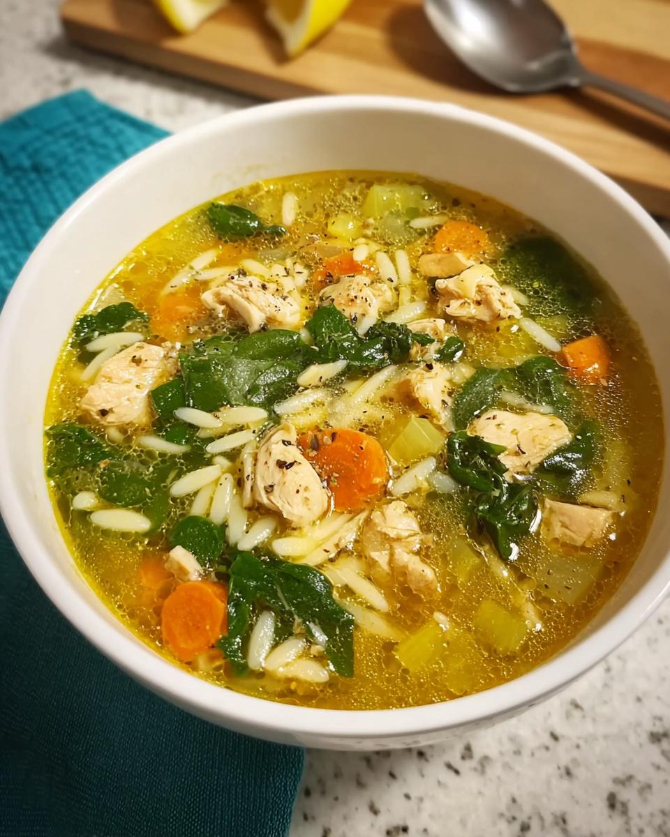 A close-up of a bowl of restaurant-style chicken noodle soup with orzo pasta, chicken, carrots, and spinach.