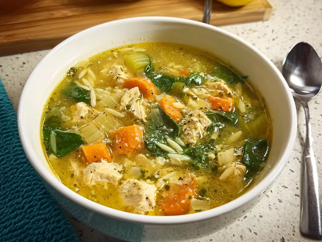 A steaming bowl of restaurant-style chicken noodle soup with carrots, celery, spinach, and orzo pasta.