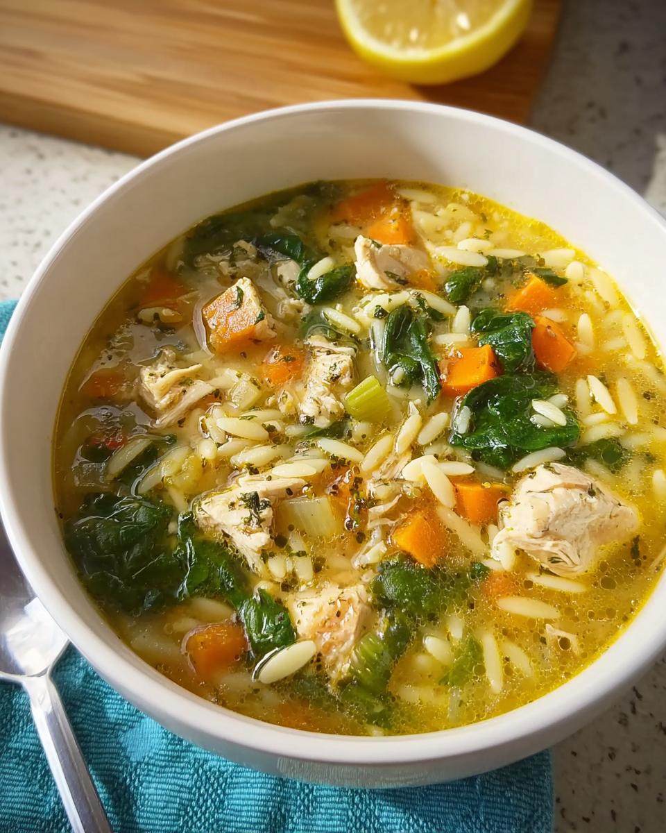 A hearty bowl of restaurant-style chicken orzo soup with carrots, spinach, and celery.