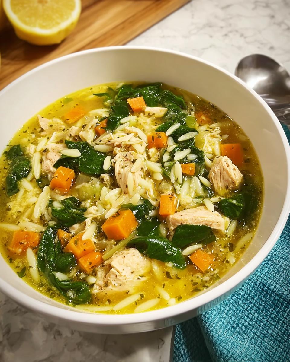 A bowl of homemade chicken orzo soup with carrots, spinach, and lemon, perfect for restaurant-style soup recipes at home.
