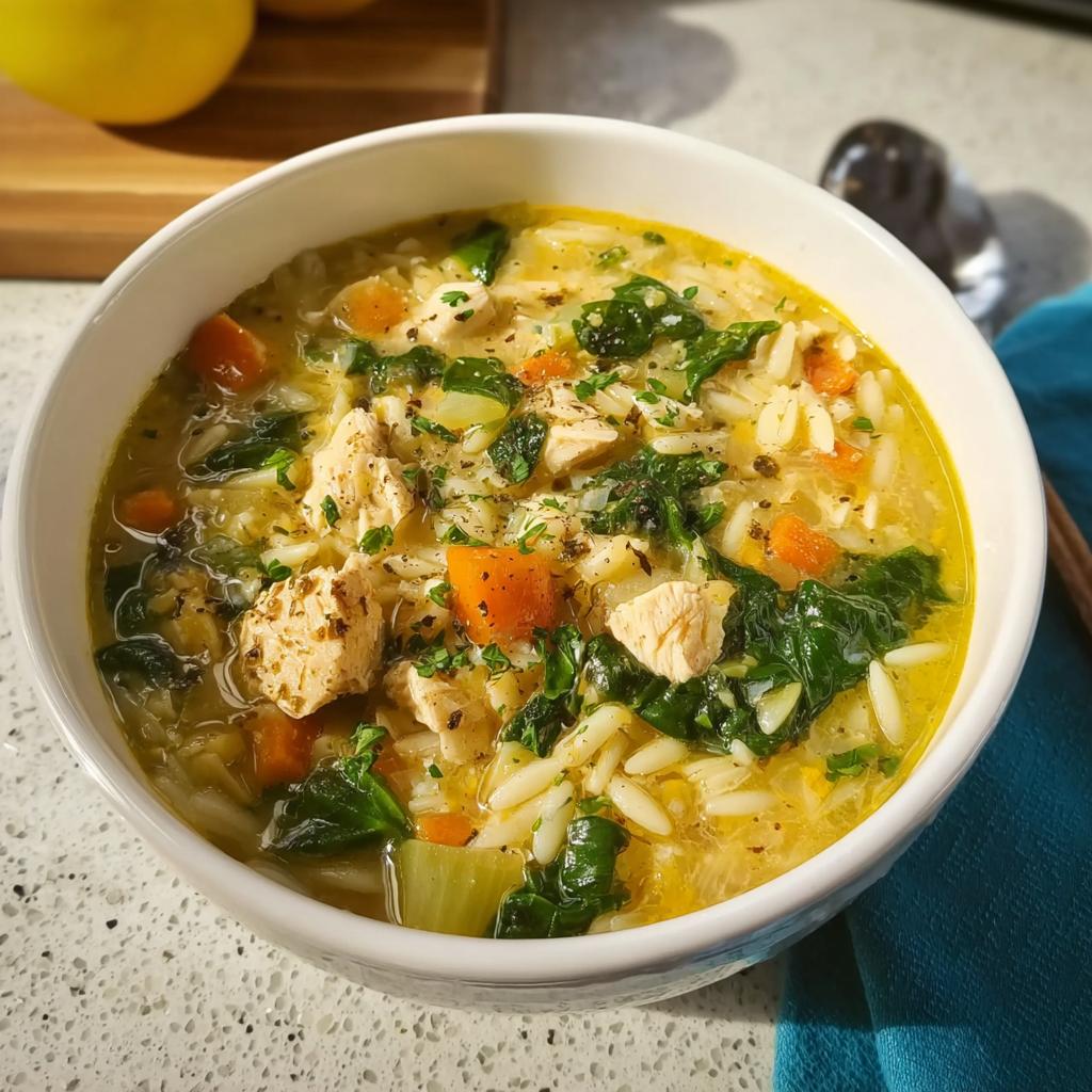 A bowl of delicious restaurant-style chicken orzo soup with carrots, spinach, and herbs.