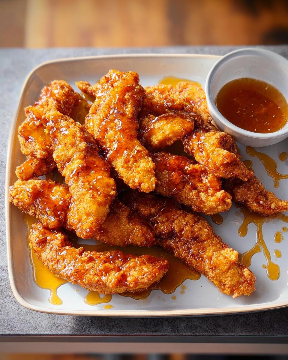 Crispy honey glazed chicken tenders served on a plate with a side of dipping sauce, a perfect restaurant-style chicken recipe.