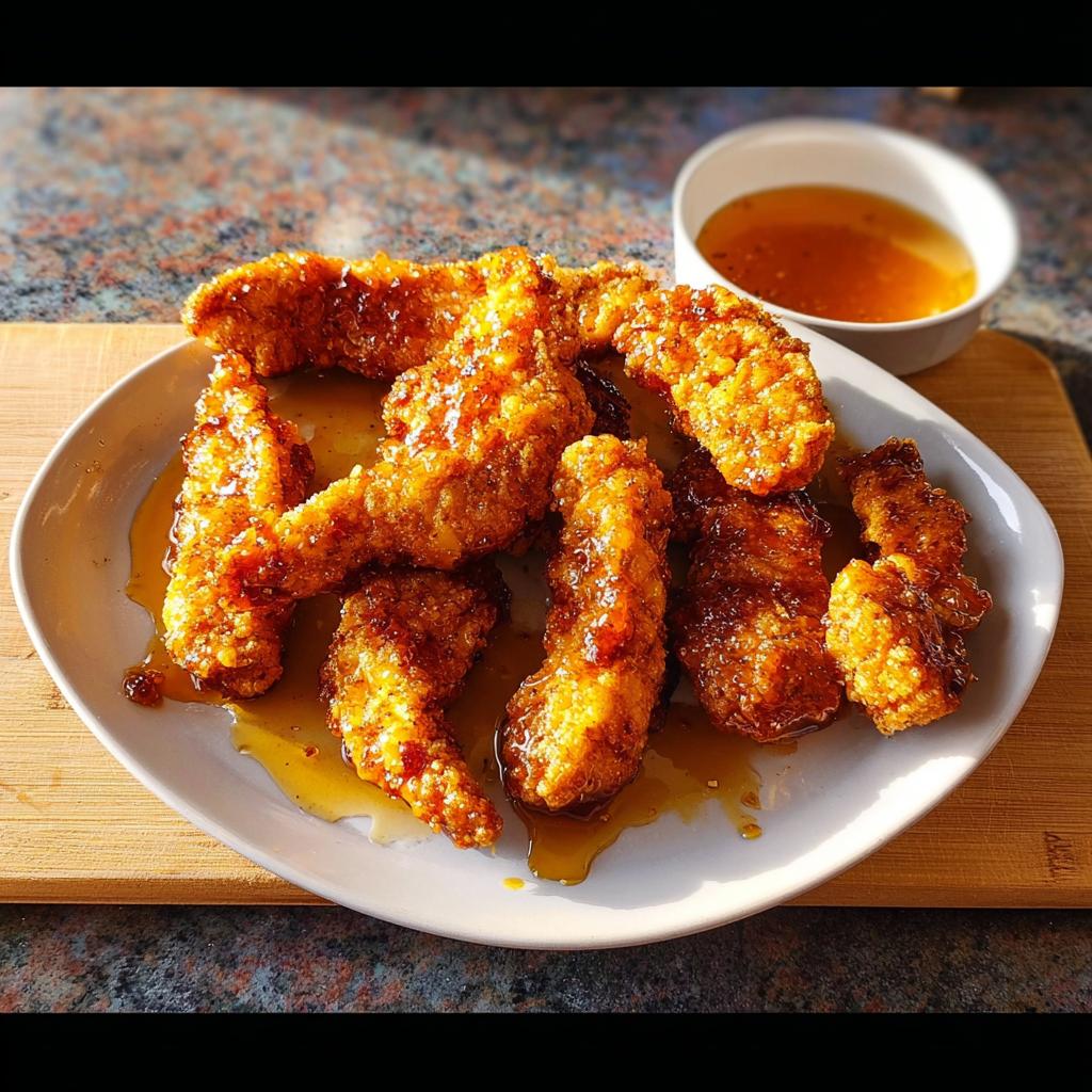 A plate of crispy, golden-brown chicken strips coated in a glossy glaze, served with a side of dipping sauce. A perfect example of restaurant-style chicken recipes at home.