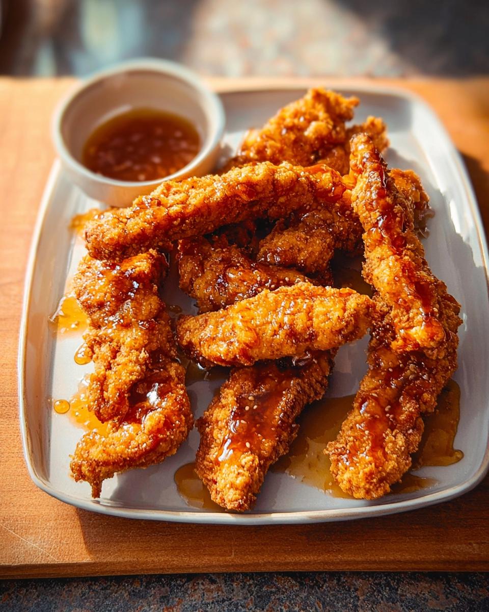 Golden brown, crispy chicken strips drizzled with a sweet glaze, served with a side of dipping sauce. A perfect restaurant-style chicken recipe.