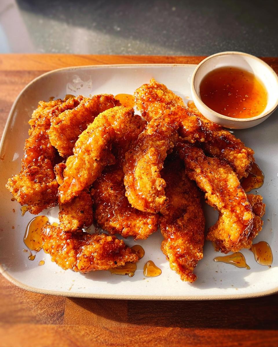 Close-up of crispy, golden-brown chicken strips coated in a glossy honey glaze, served with a small bowl of dipping sauce.