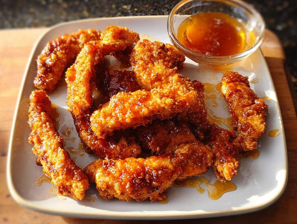 Golden brown, crispy chicken tenders glazed with a sweet sauce, served with a side of dipping sauce, part of Restaurant-Style Chicken Recipes at Home.