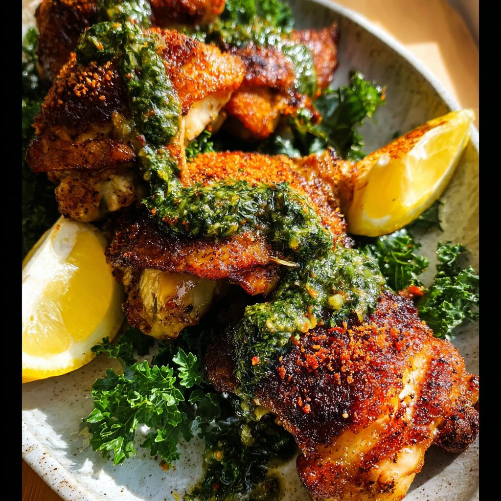 Close-up of juicy restaurant-style chicken thighs drizzled with green herb sauce and served with lemon wedges and greens.