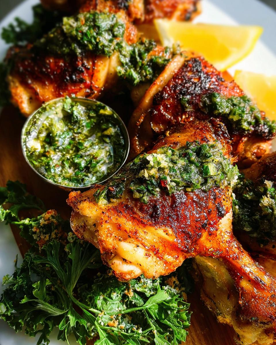 Close-up of juicy restaurant-style chicken thighs topped with vibrant gremolata and served with lemon wedges.