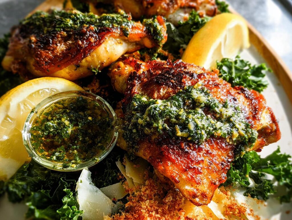Close-up of restaurant-style chicken thighs topped with gremolata, served with lemon wedges and kale.