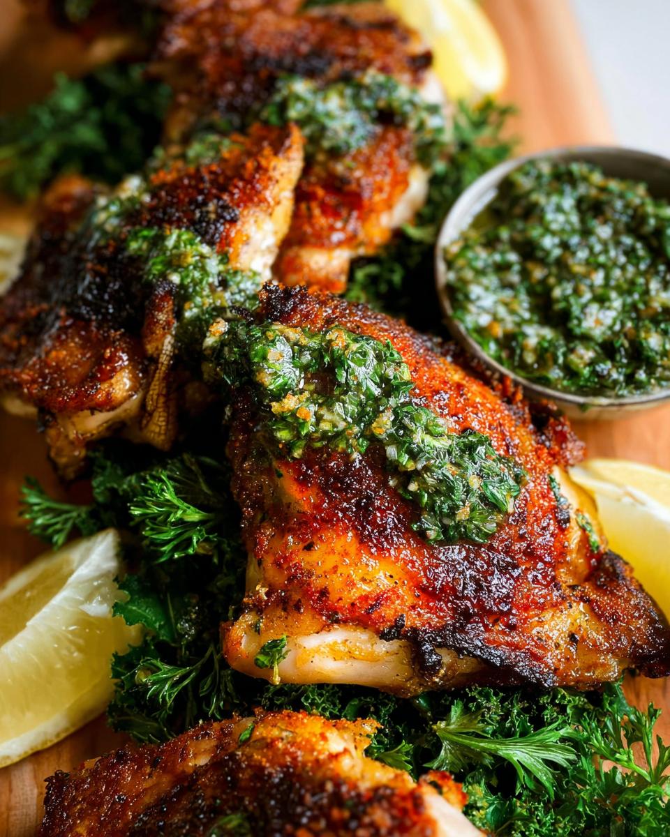 Close-up of juicy, pan-seared restaurant-style chicken thighs topped with fresh gremolata and served with lemon wedges.