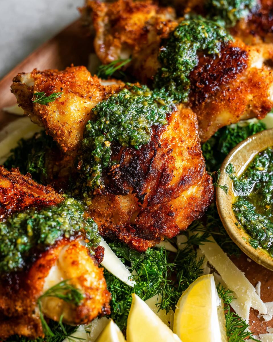 Close-up of crispy restaurant-style chicken thighs topped with vibrant gremolata and served with lemon wedges.