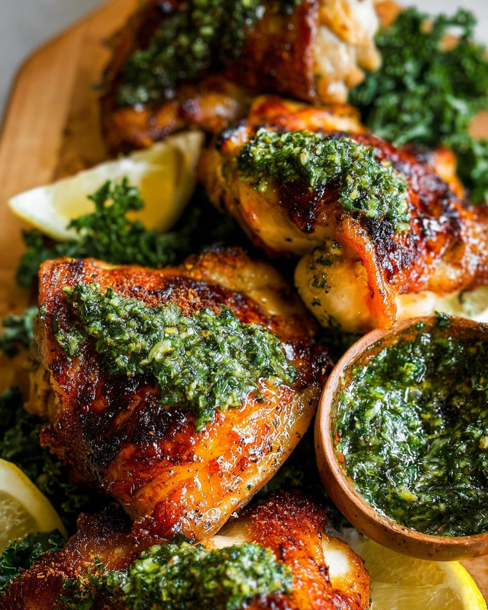 Close-up of juicy, golden-brown restaurant-style chicken thighs topped with a vibrant green herb sauce, served with lemon wedges and kale.