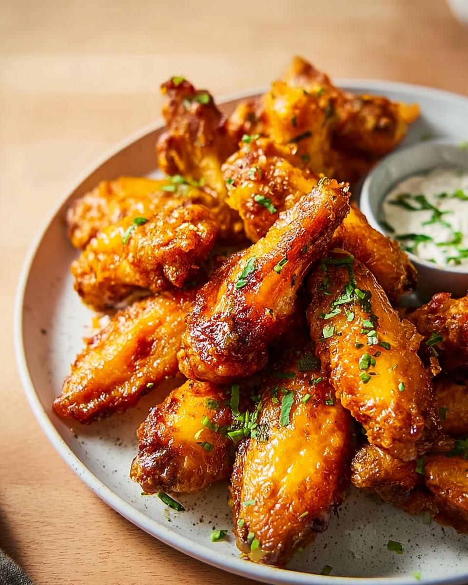 A plate of golden brown, crispy chicken wings, seasoned and garnished with herbs, served with a side of dipping sauce.