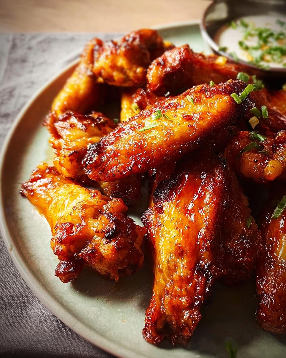 Close-up of glistening, saucy restaurant-style chicken wings, garnished with chives, served on a plate with a side of dip.