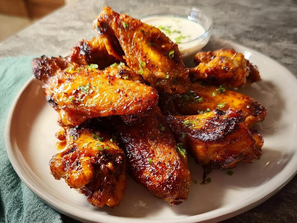 A plate of delicious, glossy restaurant-style chicken wings with a side of dipping sauce, seasoned with herbs.
