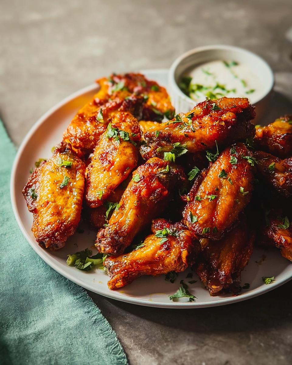A plate of glistening, saucy chicken wings, a popular restaurant-style chicken wings recipe at home, garnished with fresh parsley.