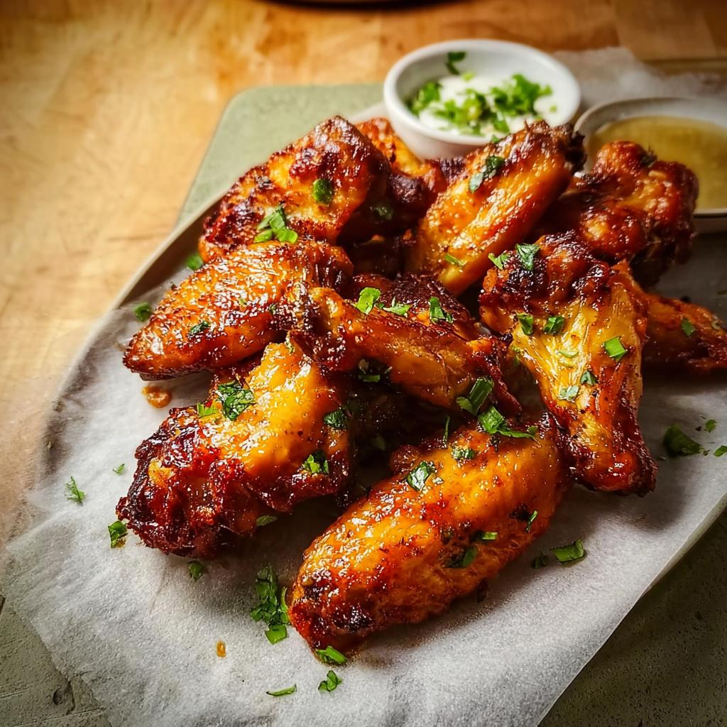 A plate of golden-brown, glossy restaurant-style chicken wings, garnished with fresh parsley, served with dipping sauces.