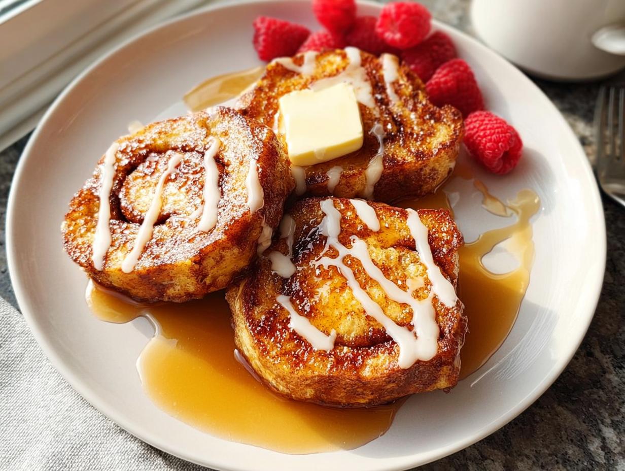 Close-up of restaurant-style cinnamon roll French toast drizzled with icing and syrup, served with raspberries.
