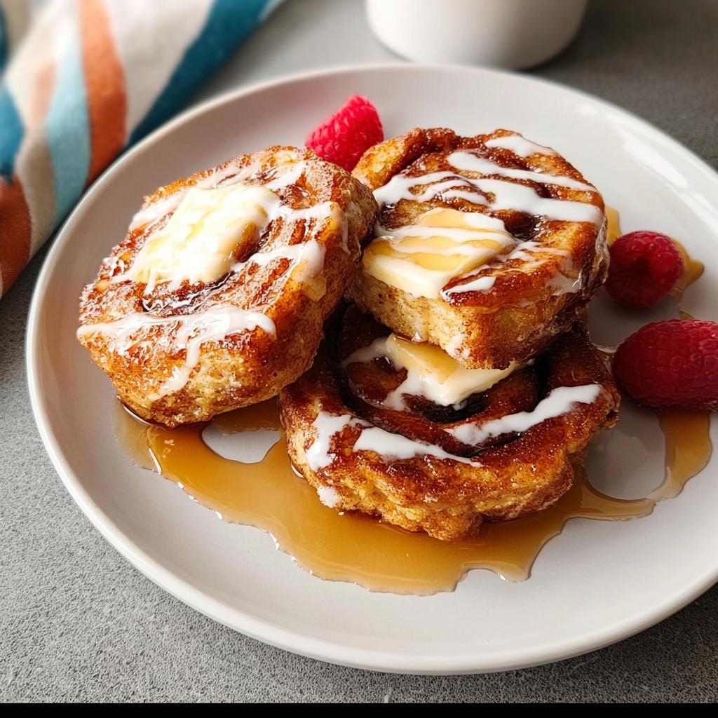 Three cinnamon rolls drizzled with icing and syrup, topped with butter and fresh raspberries, part of restaurant-style breakfast ideas.
