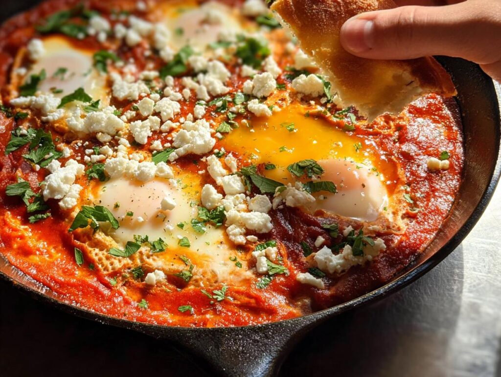 A hand dips bread into a skillet of restaurant-style shakshuka, a dish with eggs poached in tomato sauce and topped with feta cheese.