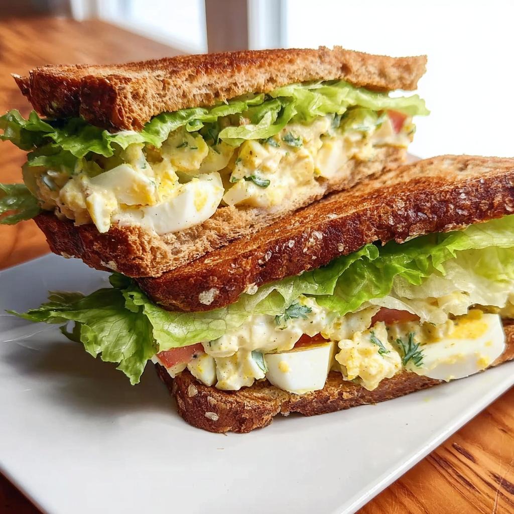 A delicious restaurant-style egg salad sandwich with whole wheat toast, lettuce, and tomato.