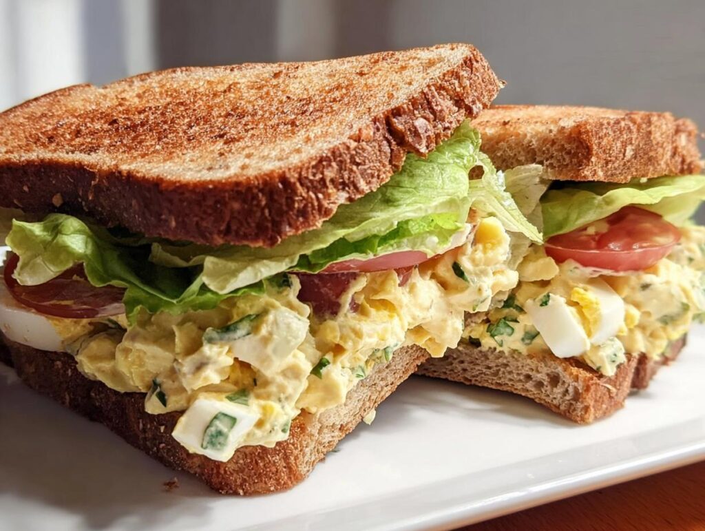 Close-up of a delicious restaurant-style egg salad sandwich with lettuce and tomato on toasted whole wheat bread.