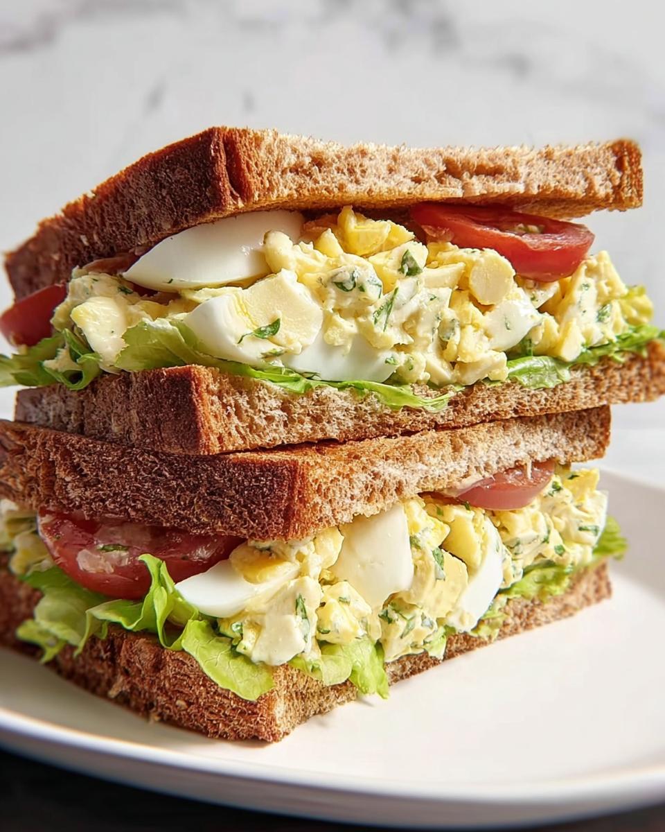 A stacked egg salad sandwich with whole wheat bread, lettuce, tomato, and creamy egg salad filling, showcasing restaurant-style sandwich ideas.