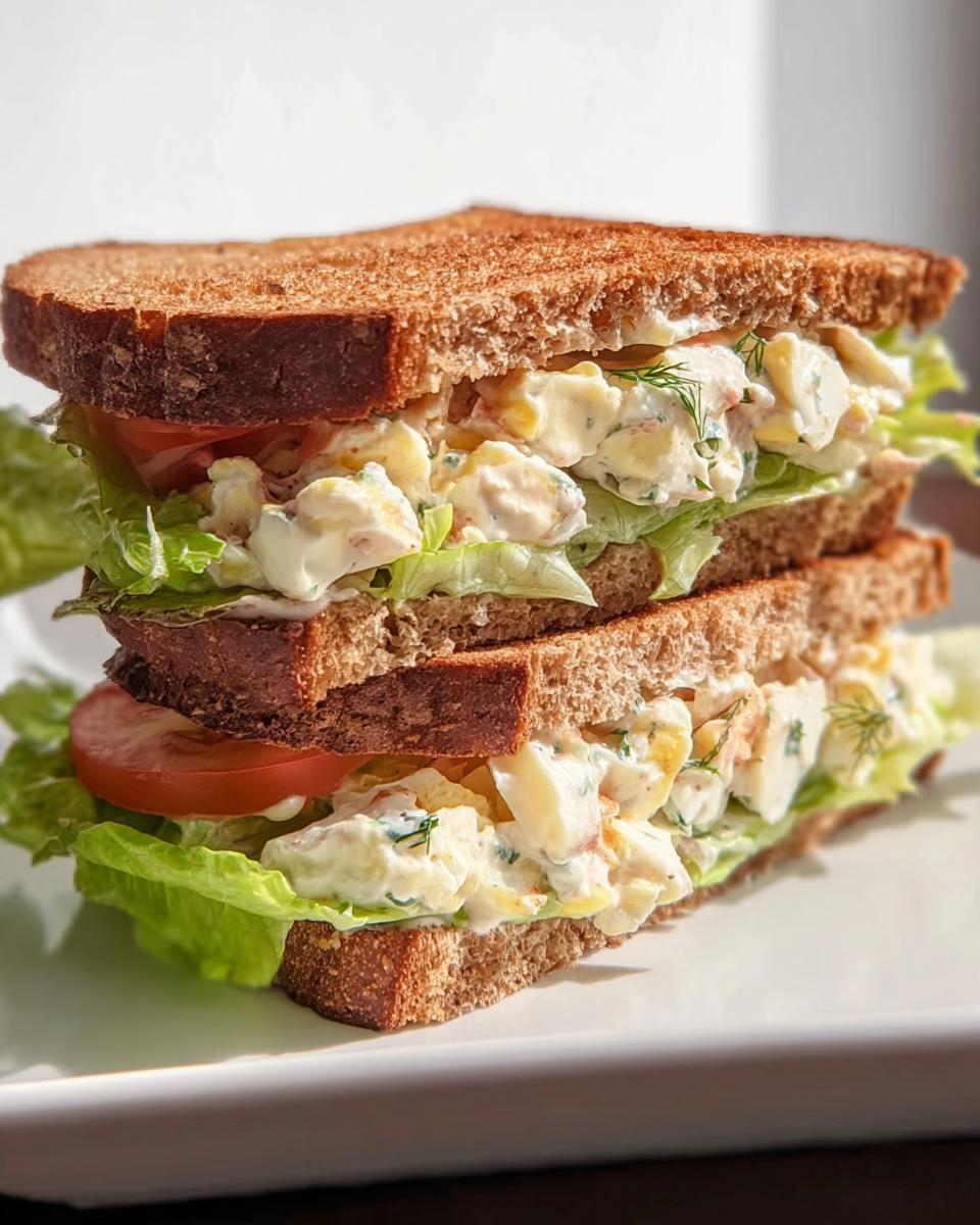 A stacked egg salad sandwich on whole wheat bread with lettuce and tomato, a perfect example of restaurant-style sandwich ideas.