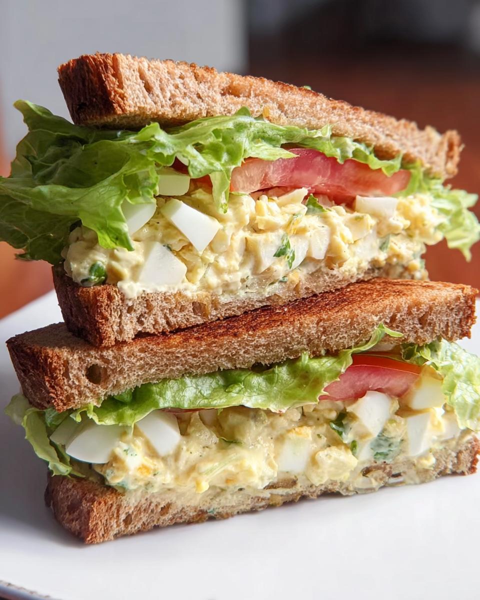 Close-up of a restaurant-style egg salad sandwich with lettuce and tomato on toasted whole wheat bread.