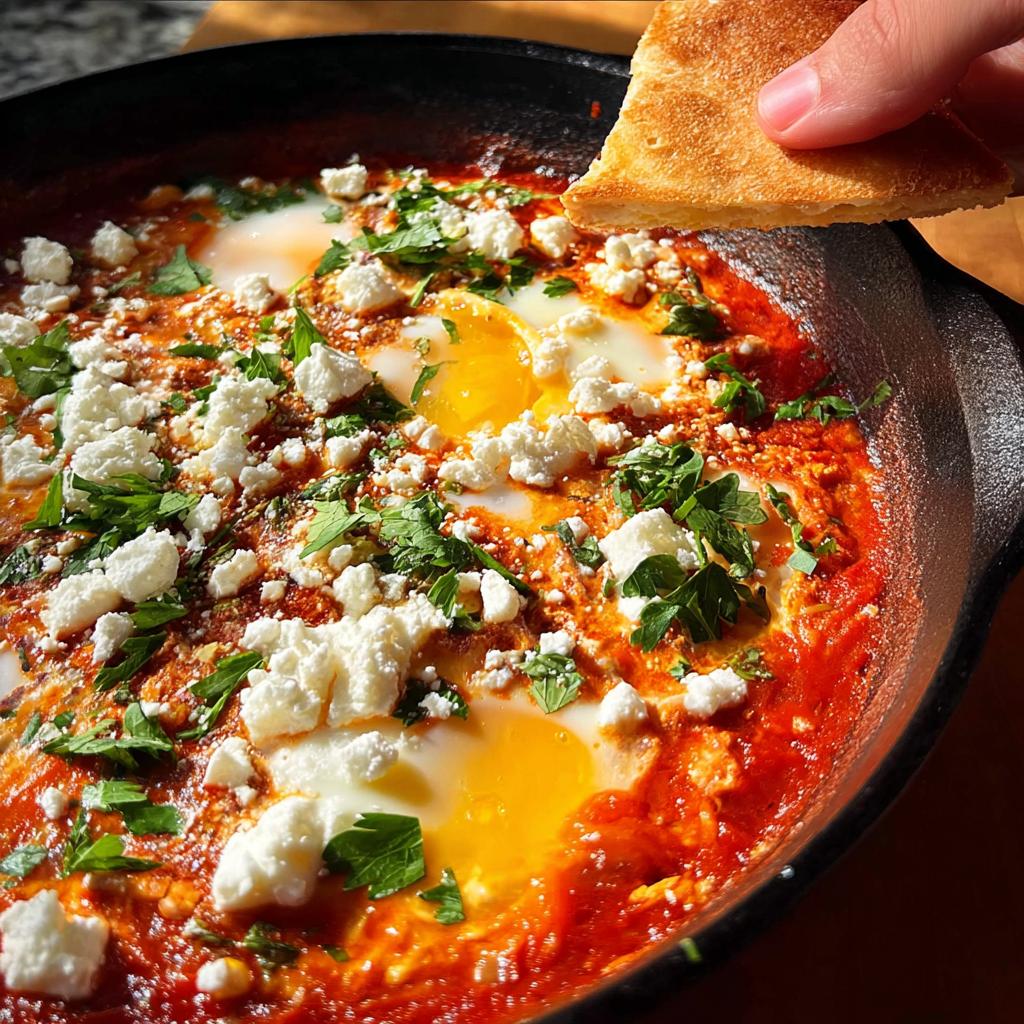A hand dips bread into a cast iron skillet filled with restaurant-style eggs poached in a rich tomato sauce, topped with feta cheese and parsley.