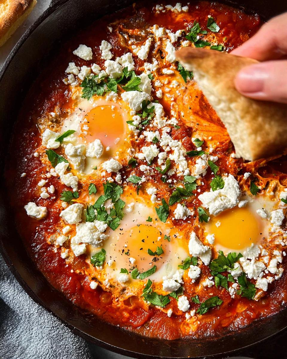 A hand dips bread into a skillet of Restaurant-Style Eggs, topped with feta cheese and parsley.