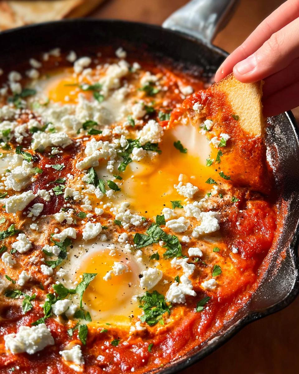 A hand dips toast into a cast-iron skillet filled with restaurant-style eggs in tomato sauce, topped with feta and parsley.