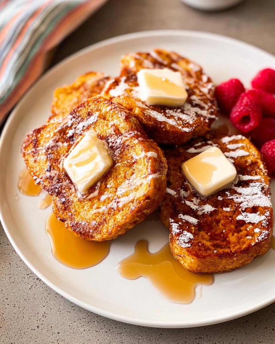 Golden brown French toast slices topped with butter and powdered sugar, served with raspberries and syrup. A perfect restaurant-style breakfast idea.