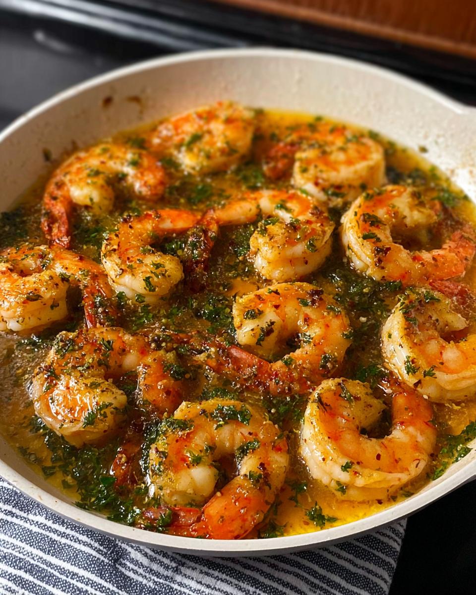 Close-up of succulent shrimp cooked in garlic butter sauce with parsley, perfect for restaurant-style shrimp recipes at home.