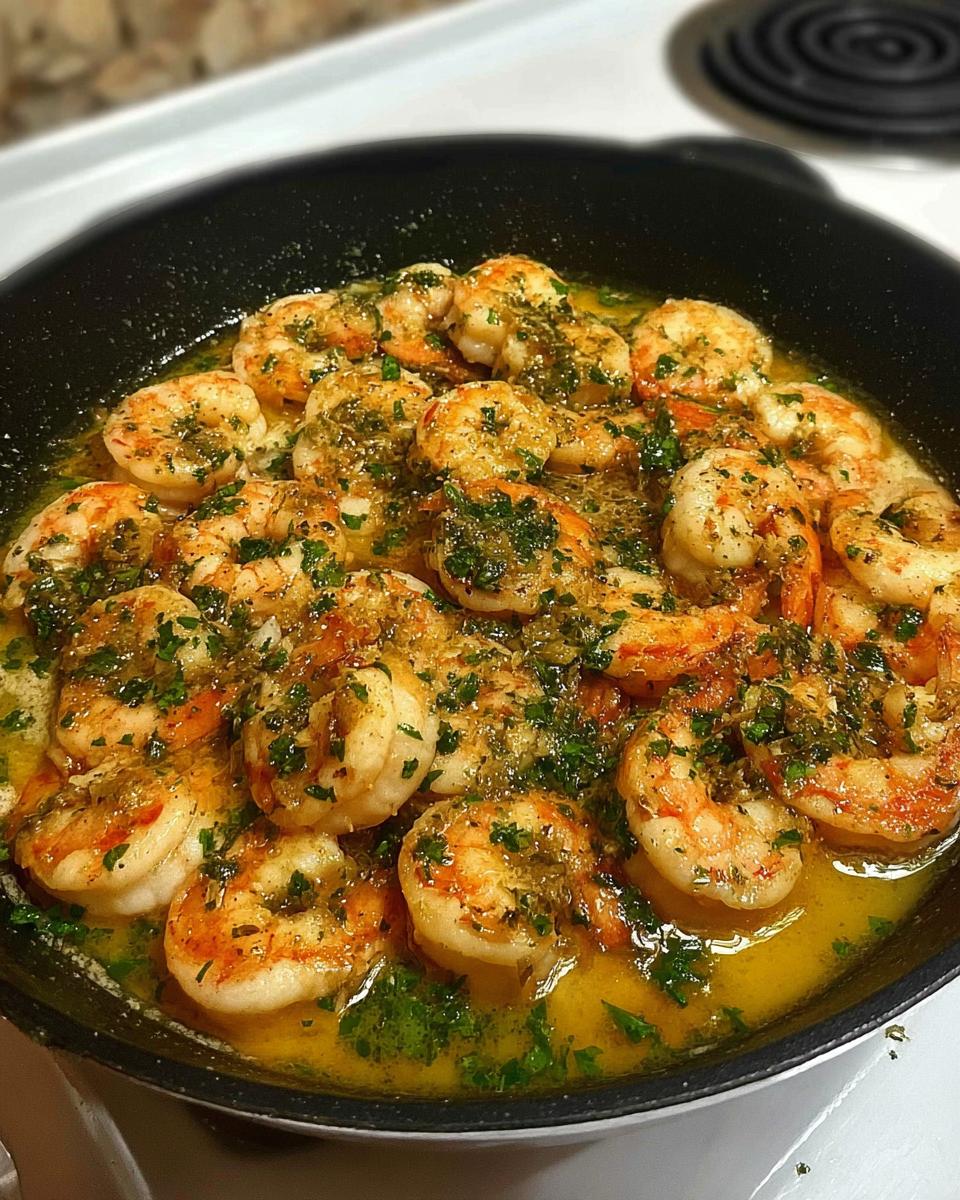 Close-up of restaurant-style garlic butter shrimp in a pan, garnished with fresh parsley.