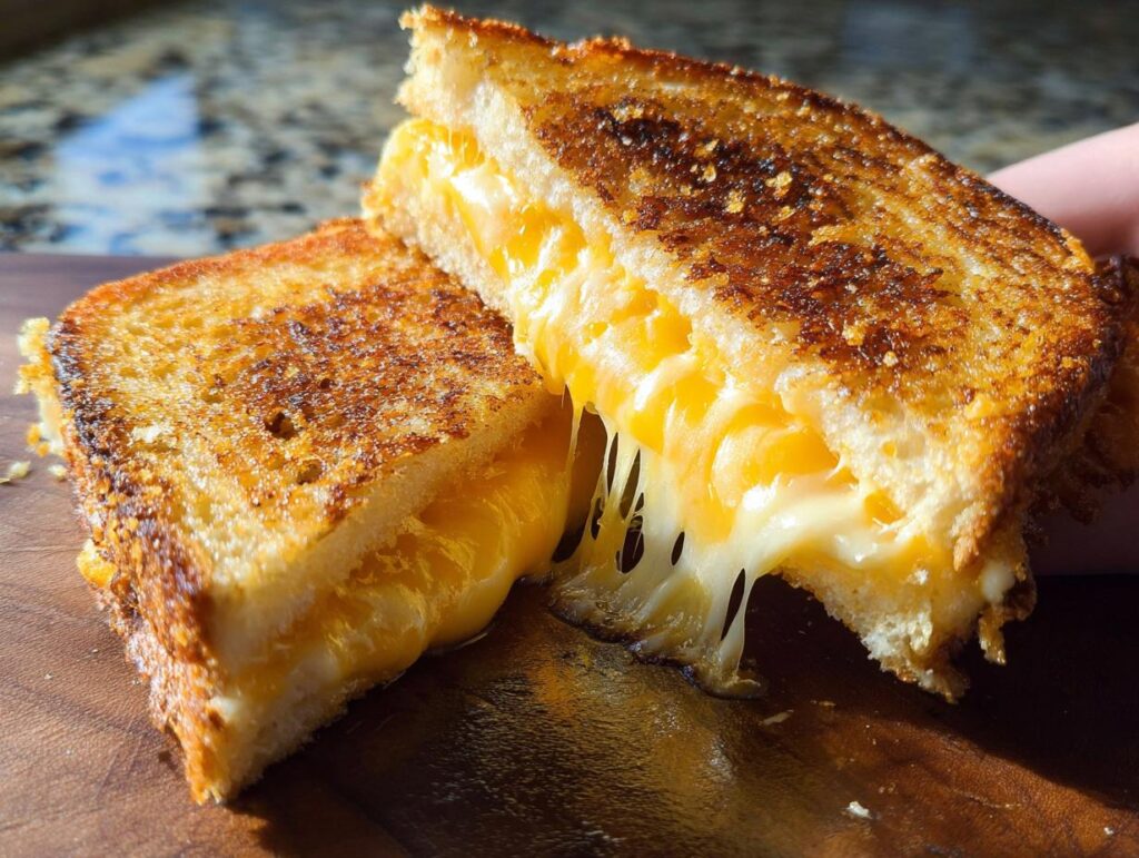 Close-up of a restaurant-style grilled cheese sandwich, cut in half, with melted cheese oozing out.