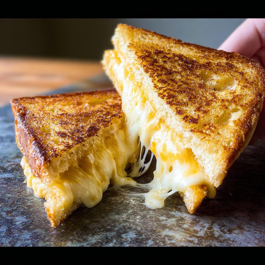 Two halves of a perfectly grilled cheese sandwich with a gooey, melted cheese pull, showcasing restaurant-style grilled cheese recipes at home.