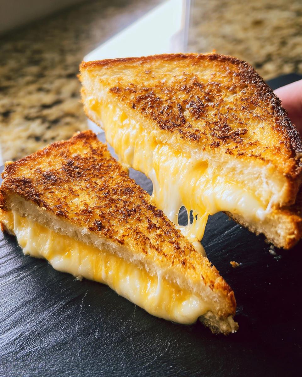 Two halves of a perfectly grilled cheese sandwich with melted cheese oozing out, showcasing restaurant-style grilled cheese recipes at home.