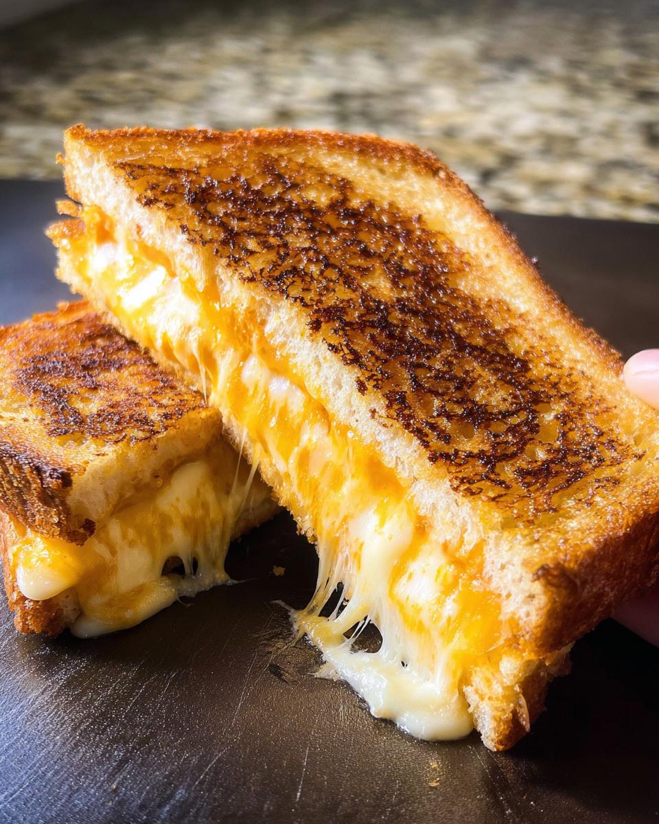 Close-up of a perfectly grilled cheese sandwich, oozing with melted cheese, showcasing restaurant-style grilled cheese recipes at home.