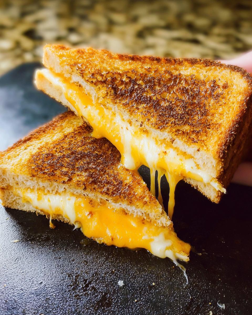 Close-up of a perfectly grilled cheese sandwich, oozing with melted cheese, made using restaurant-style grilled cheese recipes at home.