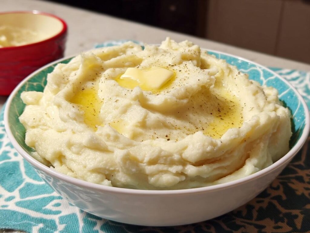 A bowl of creamy restaurant-style mashed potatoes topped with melting butter and cracked black pepper.