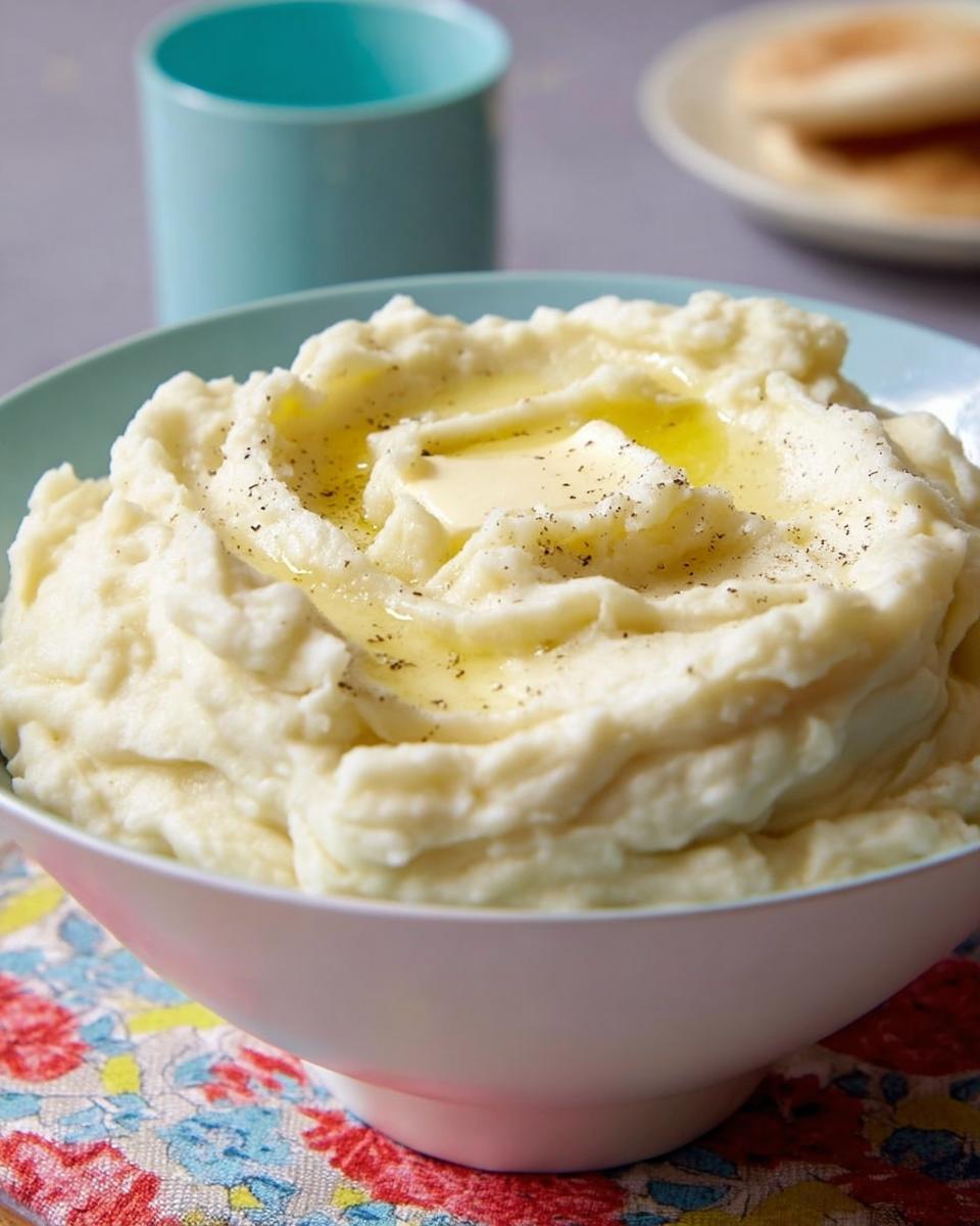 A bowl of creamy Restaurant-Style Mashed Potatoes topped with melted butter and black pepper.