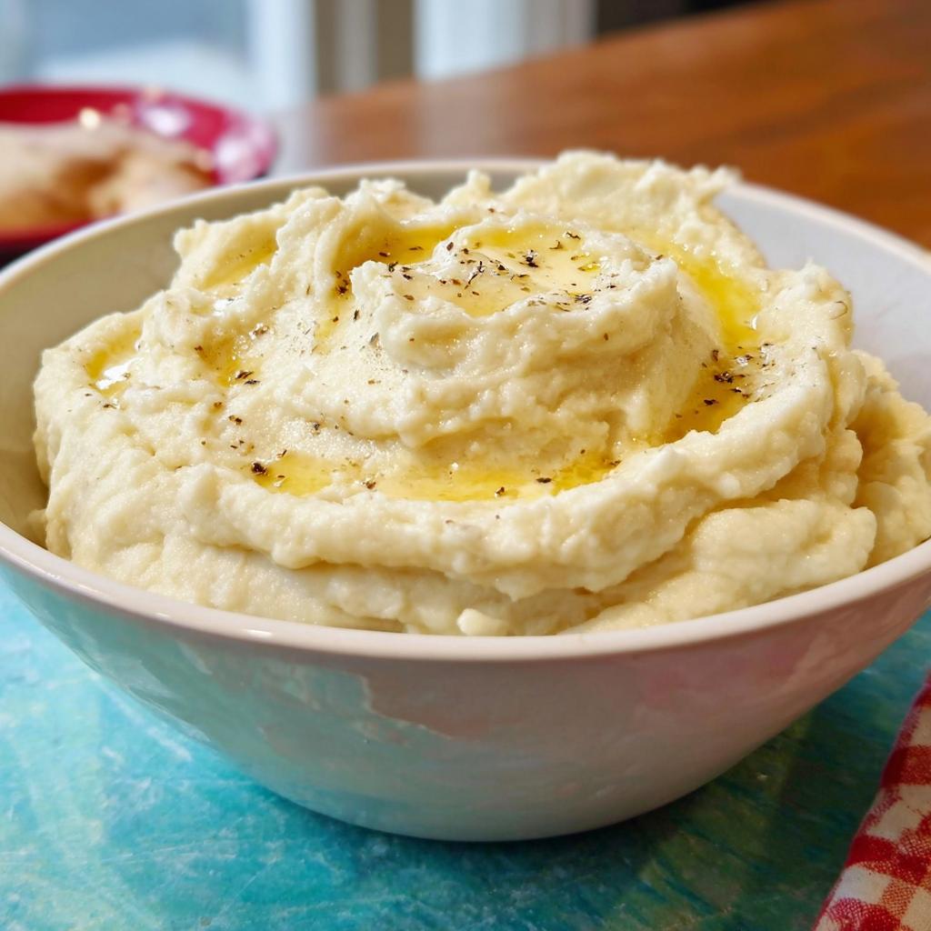 Close-up of creamy restaurant-style mashed potatoes in a white bowl, drizzled with melted butter and sprinkled with pepper.