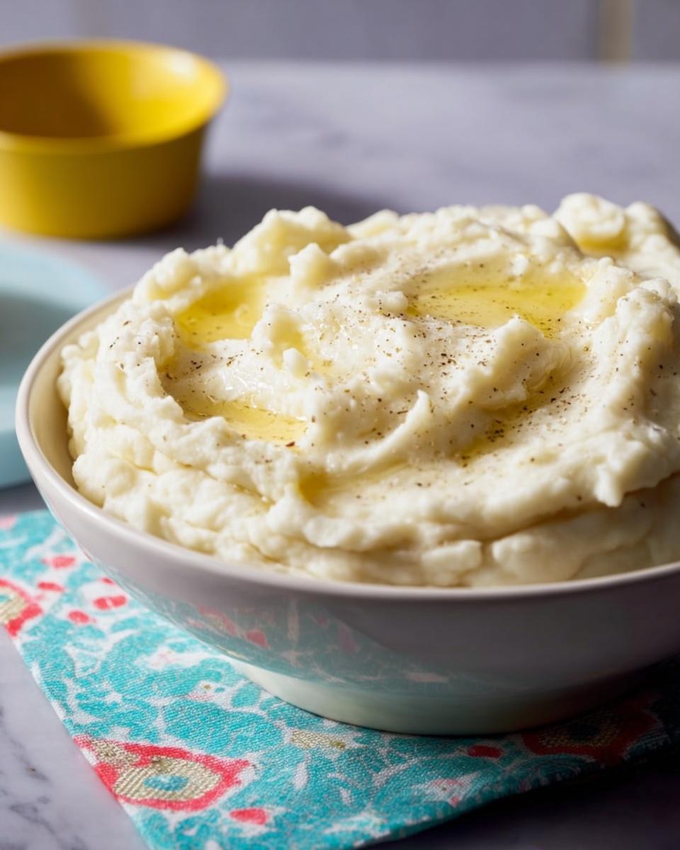 A bowl of creamy Restaurant-Style Mashed Potatoes topped with melted butter and black pepper.
